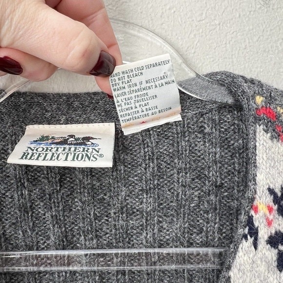 Northern Reflections Womens Fair Isle 100% Wool Full Zip Sweater Gray Nordic Vtg - Picture 7 of 11